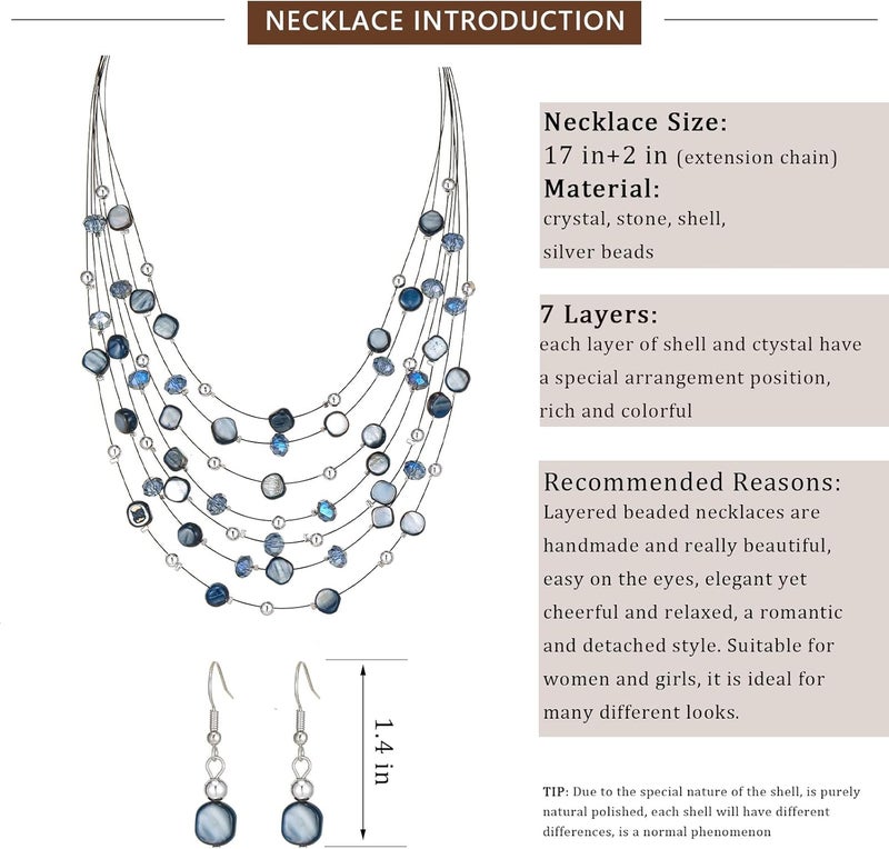 Errally Store Multi-Layer Boho Shell Beaded Necklace for Women Colorful Crystal Strand with Silver Beads Statement Collars Necklace and Earrings Costumes Jewelry Sets for Women - Image 5